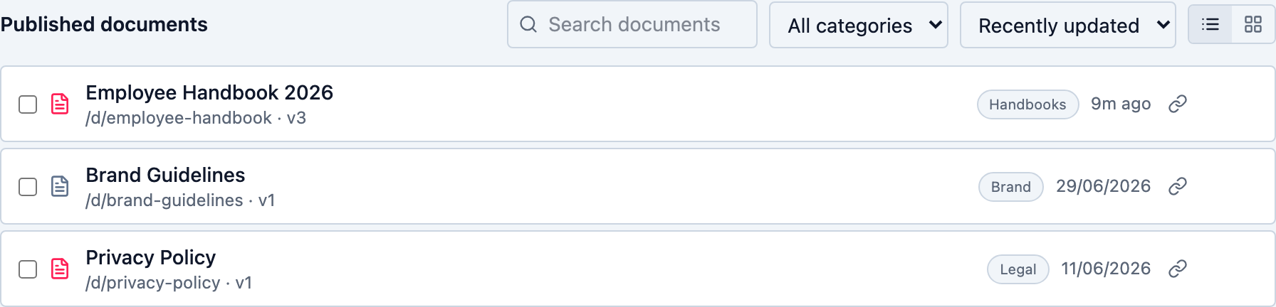 The published documents list with search, category filter, sort, and view toggle