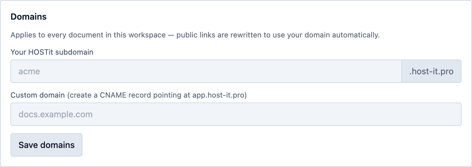 The domains card with subdomain claim and custom domain fields