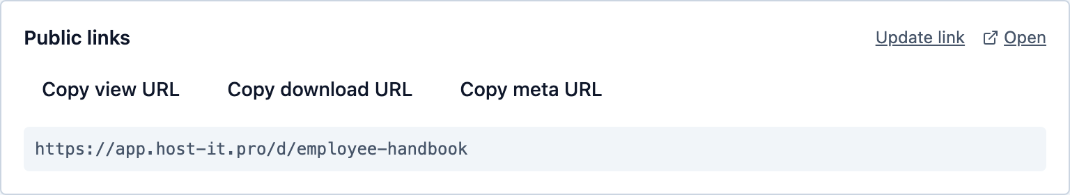 The public links card with copy view, download, and meta URL buttons